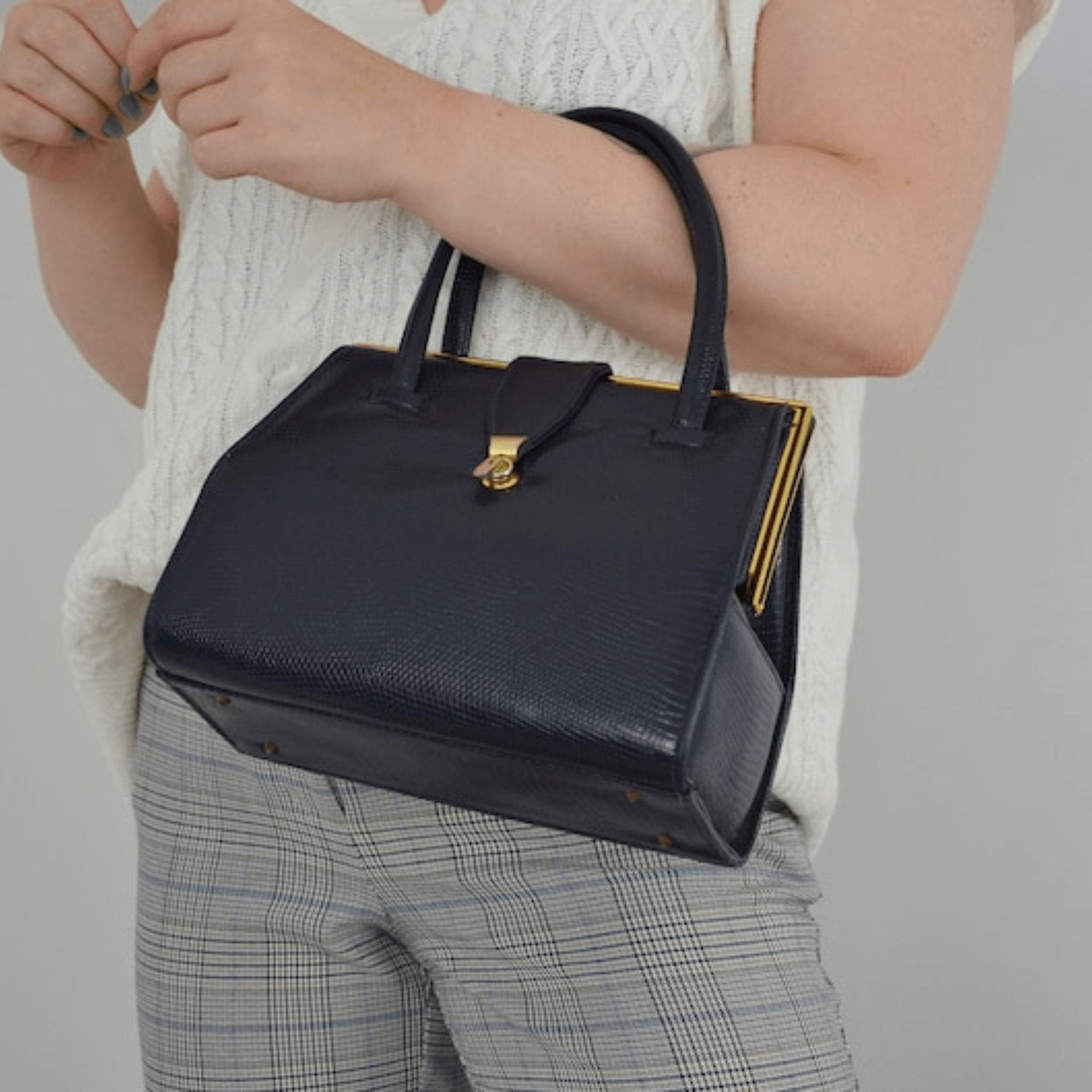 Vintage English Leather Boxy Top Handle Bag Navy - Leather Shop Factory