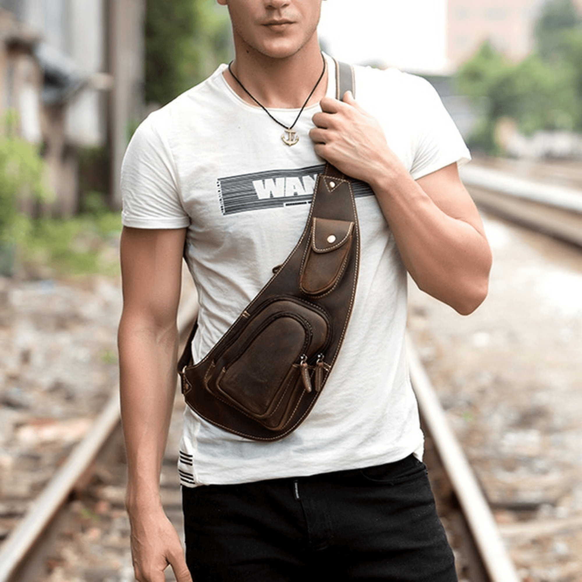 Brown mens sling backpack - Leather Shop Factory