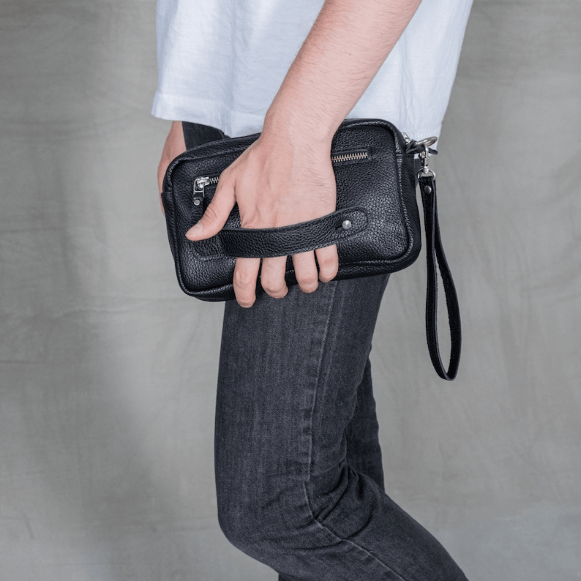 Leather mens clutch bag wristlet clutch