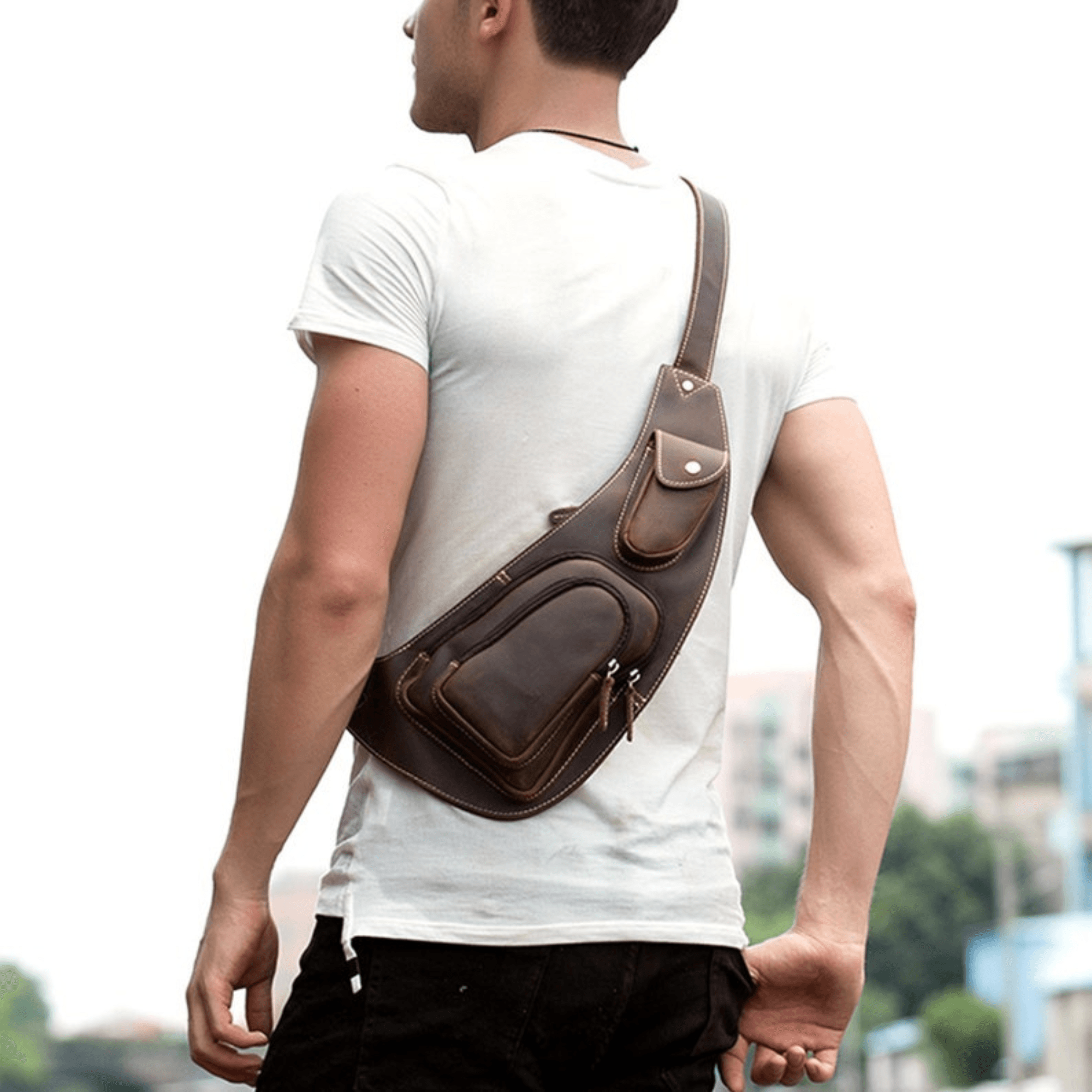 Brown mens sling backpack - Leather Shop Factory