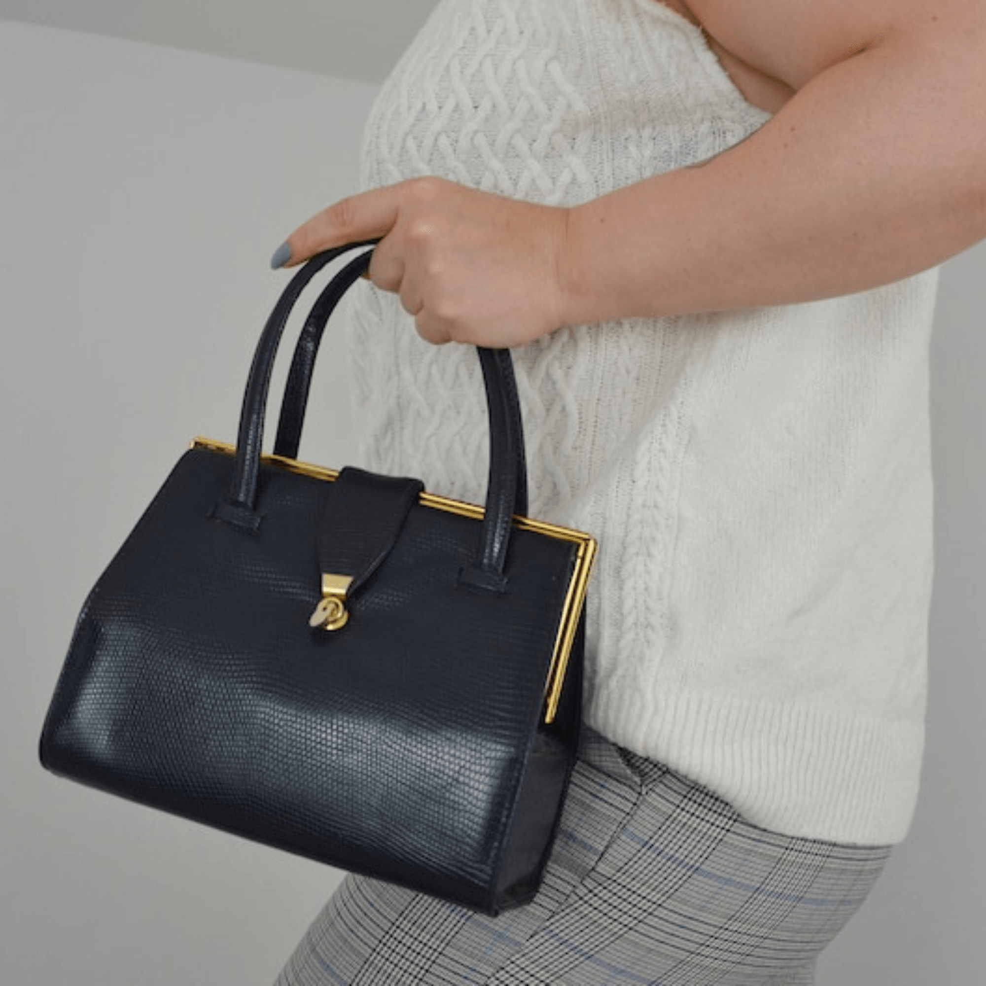 Vintage English Leather Boxy Top Handle Bag Navy - Leather Shop Factory