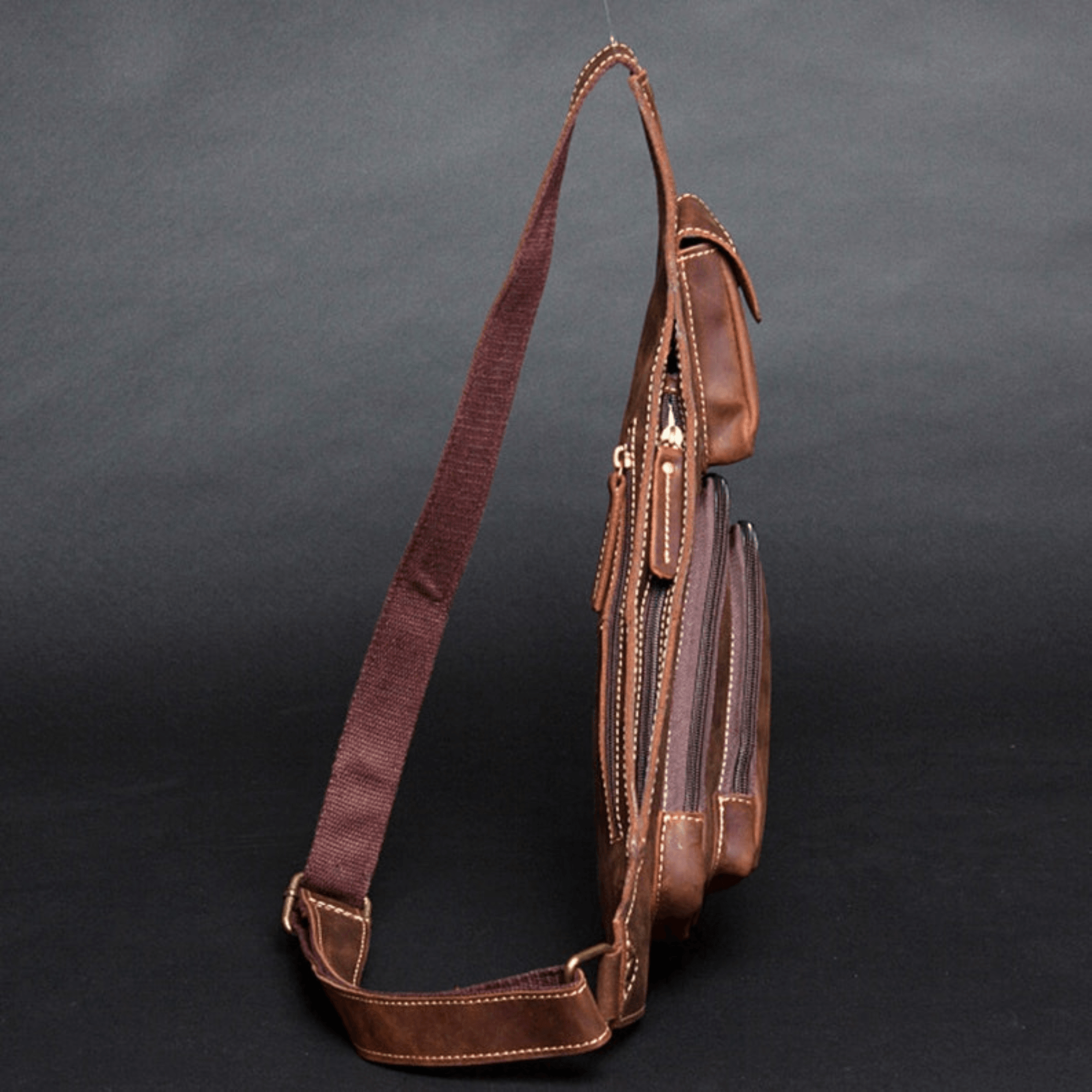 Brown mens sling backpack - Leather Shop Factory