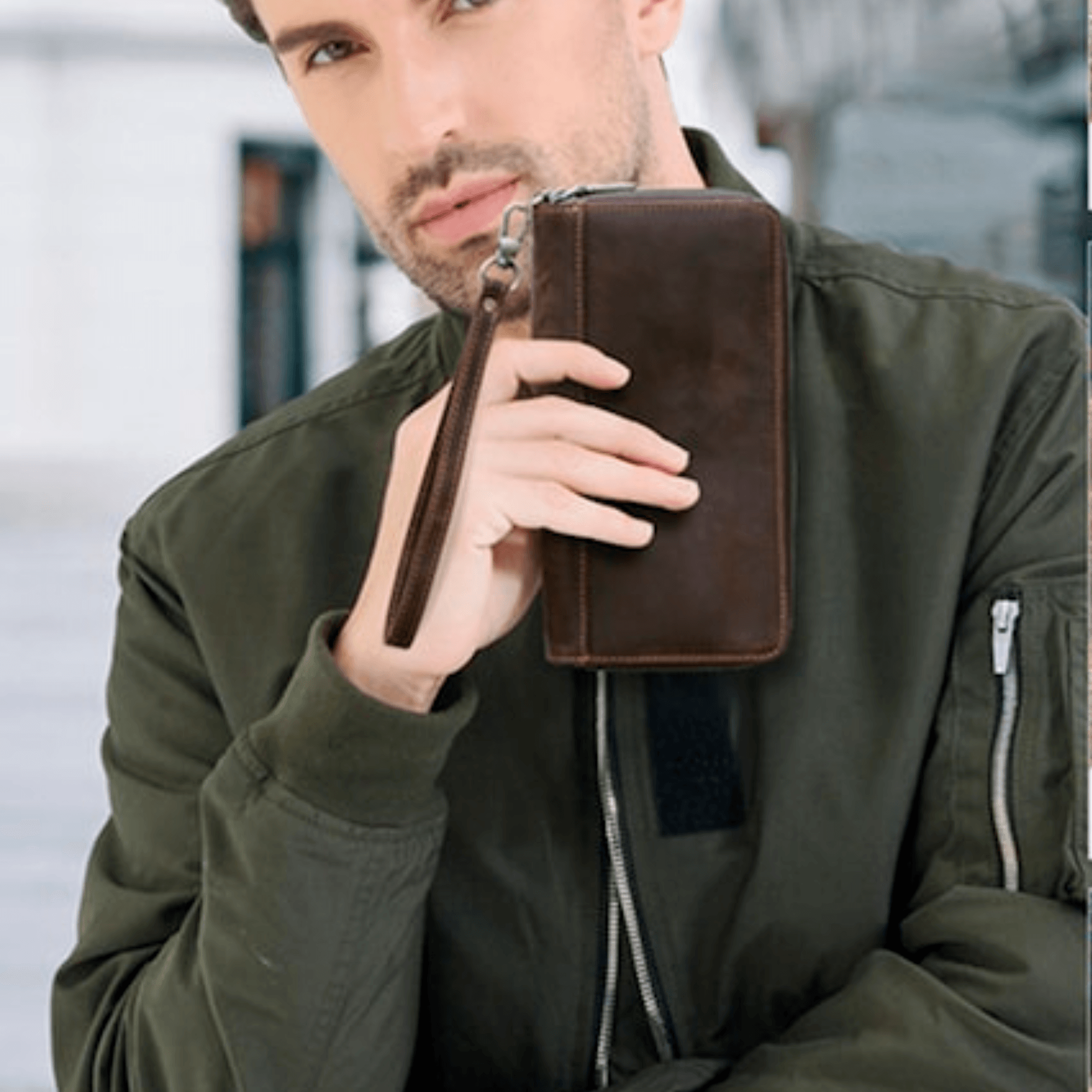 Handcrafted leather phone clutch for men