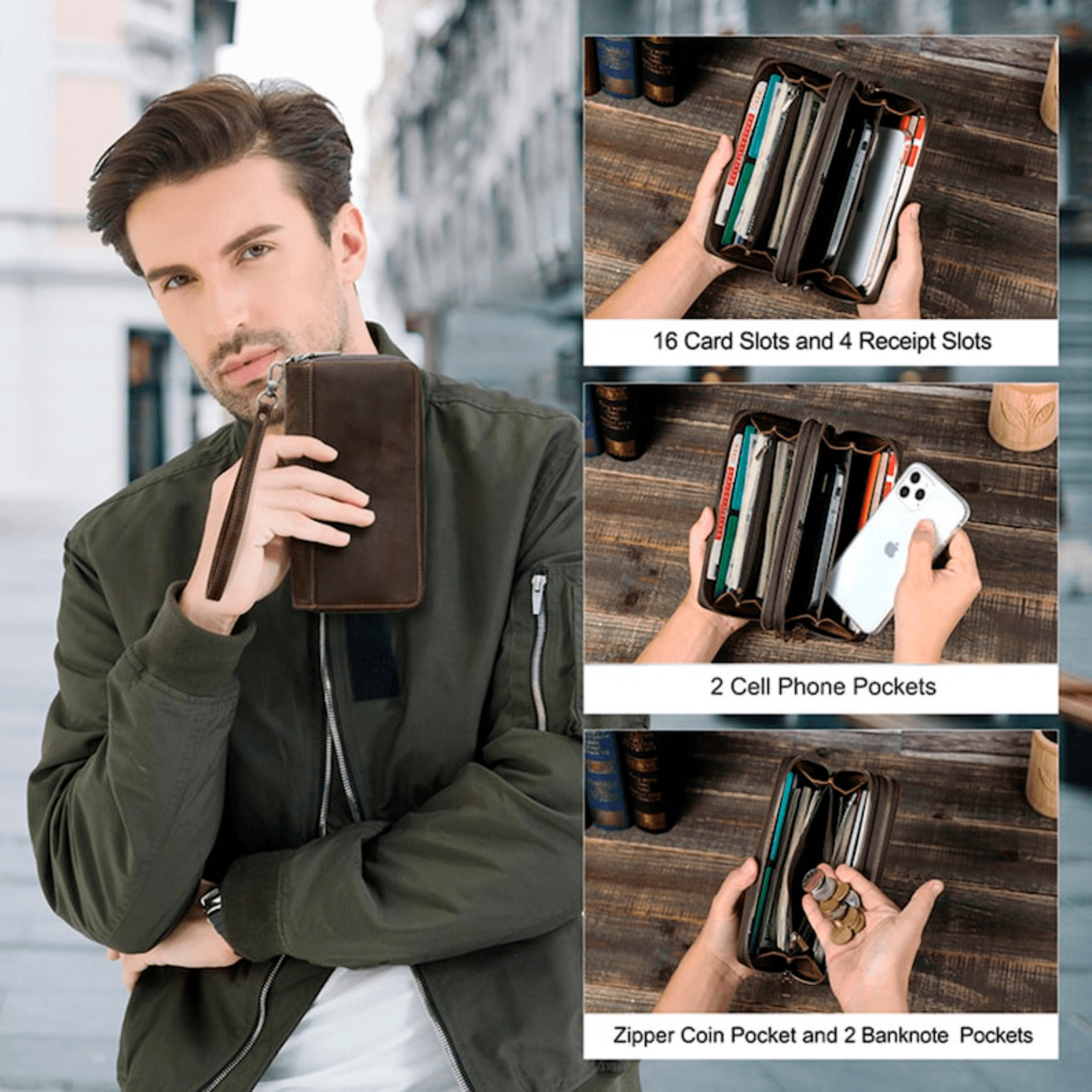 Handcrafted leather phone clutch for men