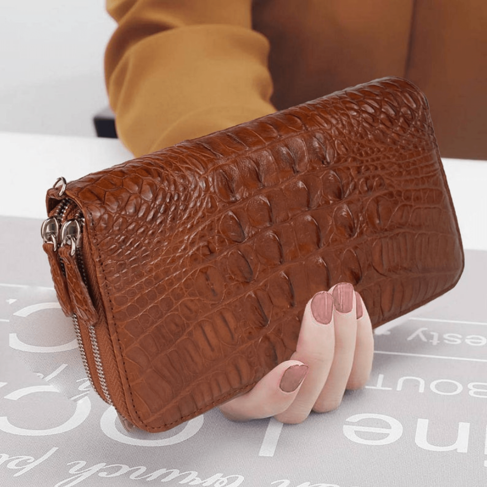 Elegant Allure: Light Brown Alligator Look Leather Clutch - Leather Shop Factory