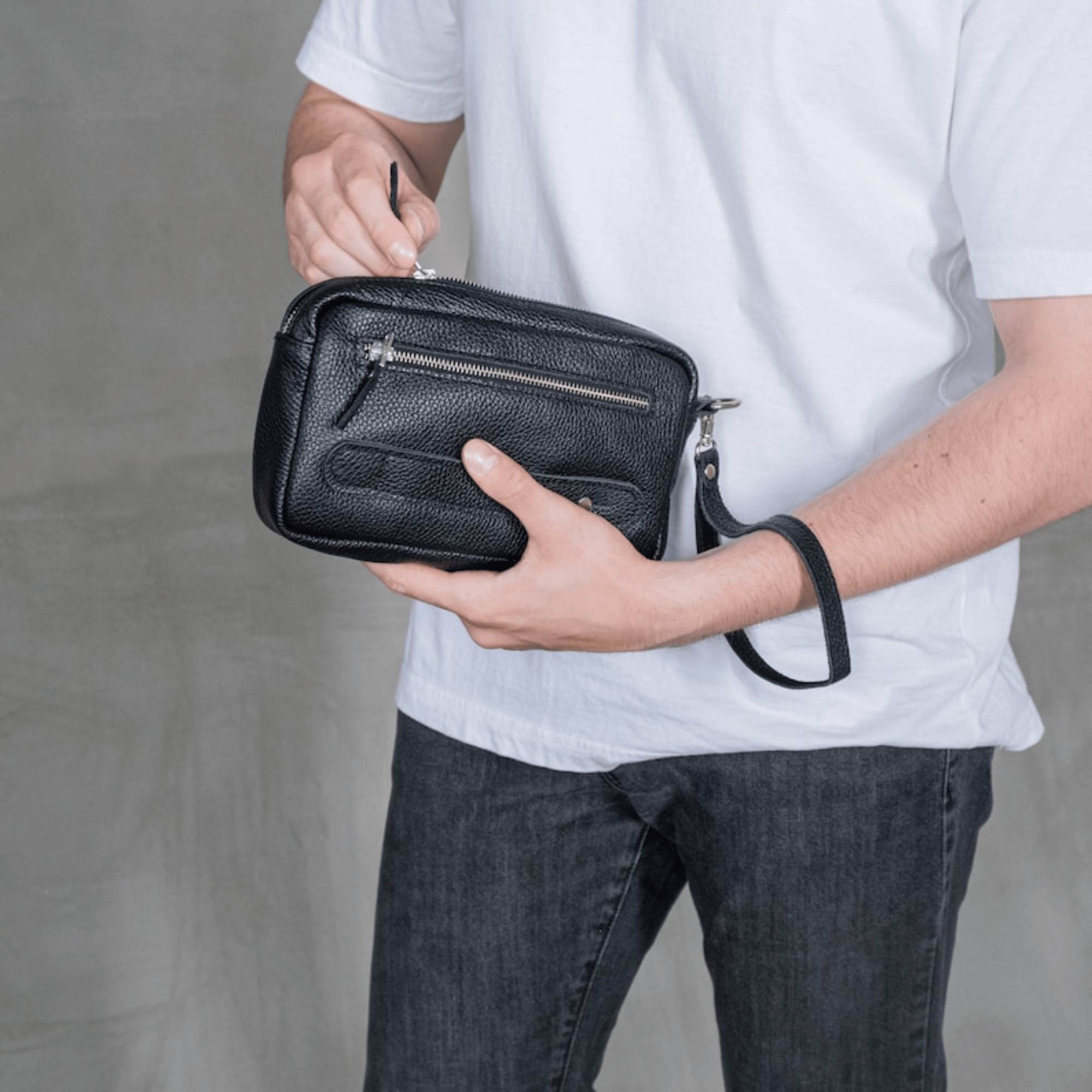 Leather mens clutch bag wristlet clutch