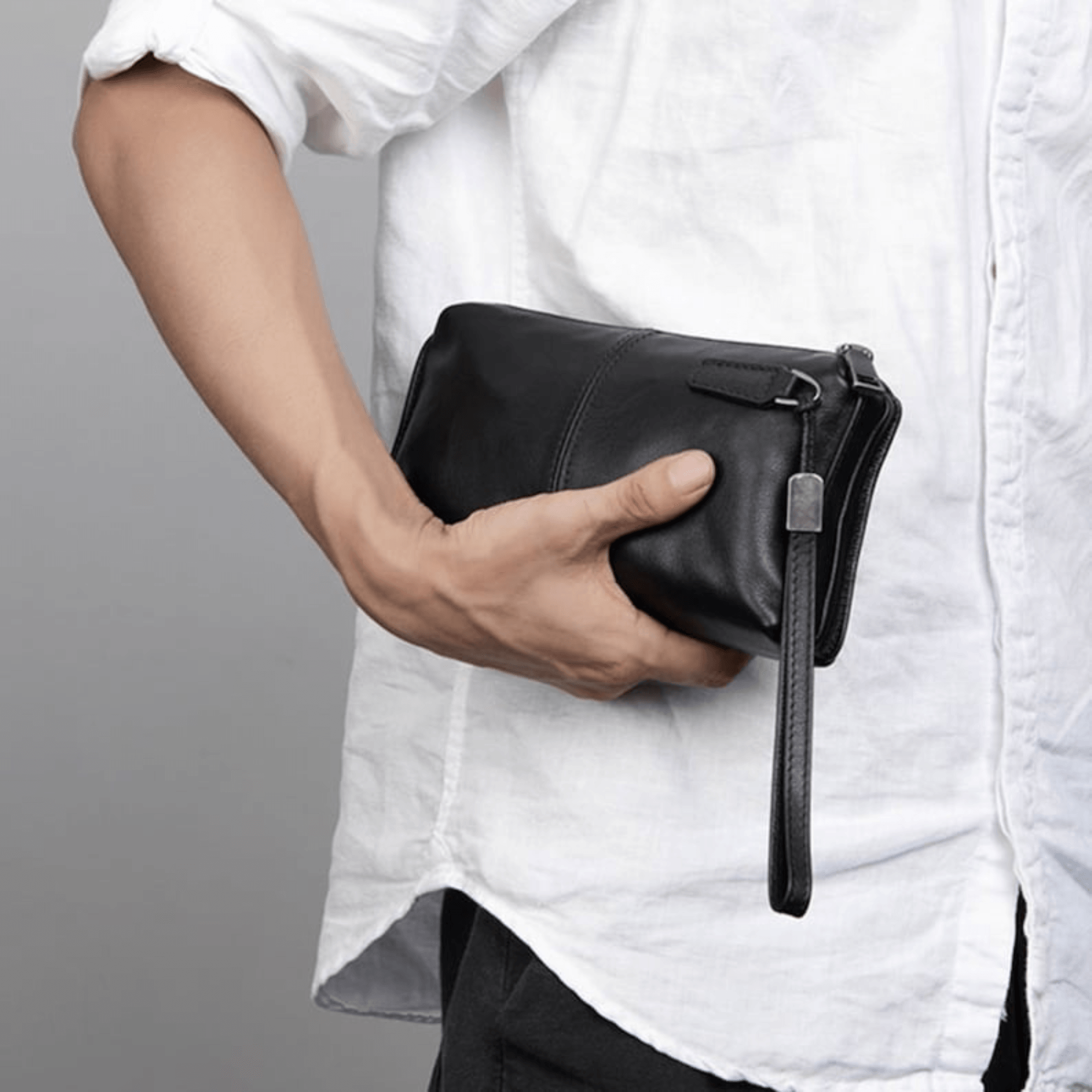 Handcrafted black leather phone wallet