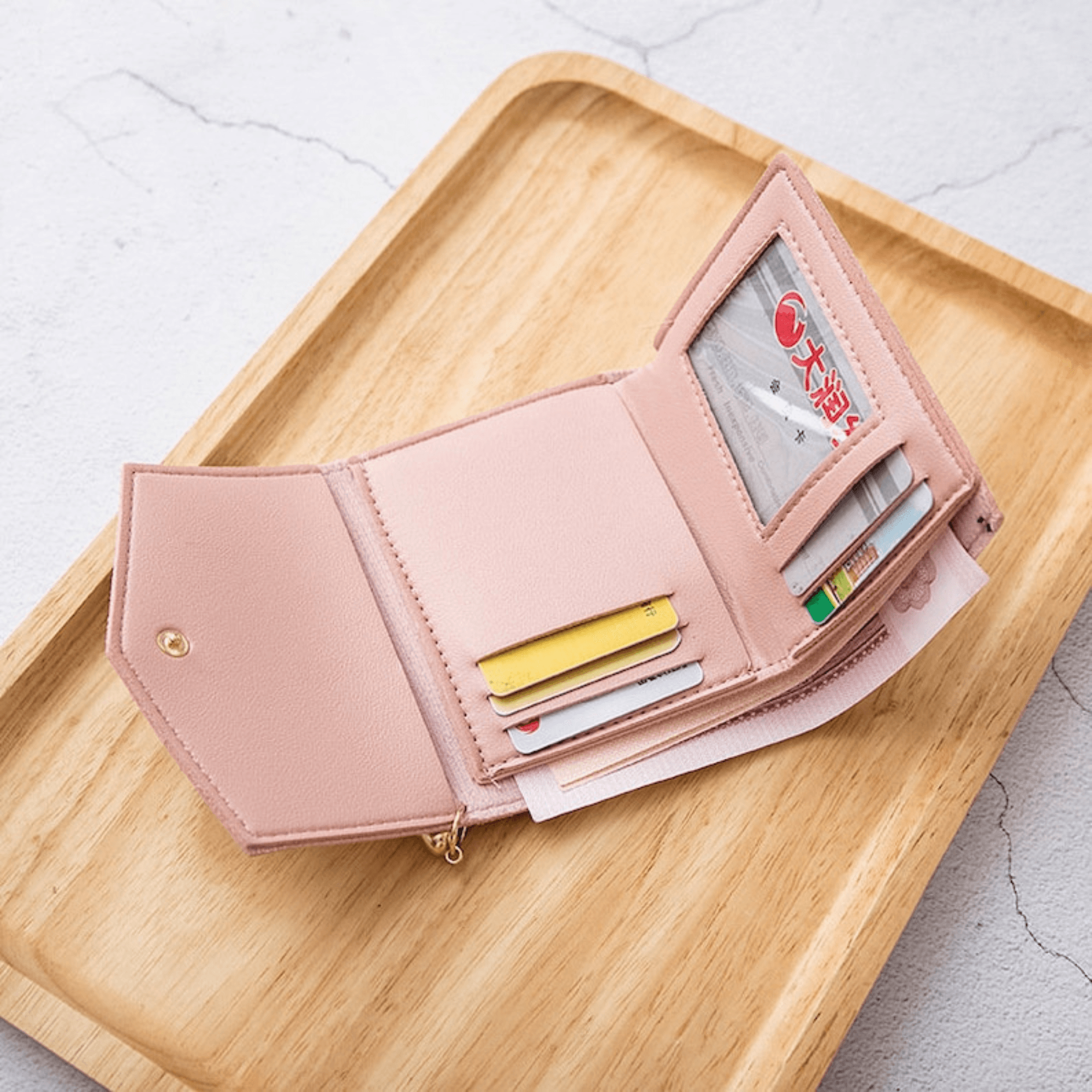 Color simple three-fold short wallet Card storage bag Coin purse Light pink wallet - Leather Shop Factory