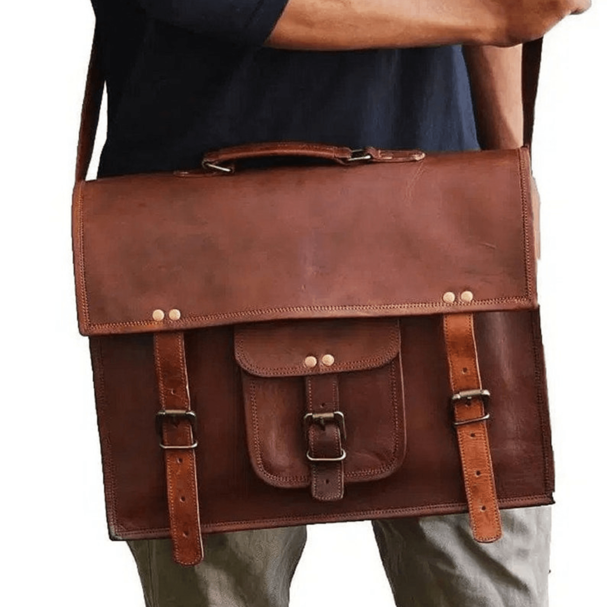 Vintage Full-Grain Leather Laptop Bag with Concealed Locks - Leather Shop Factory