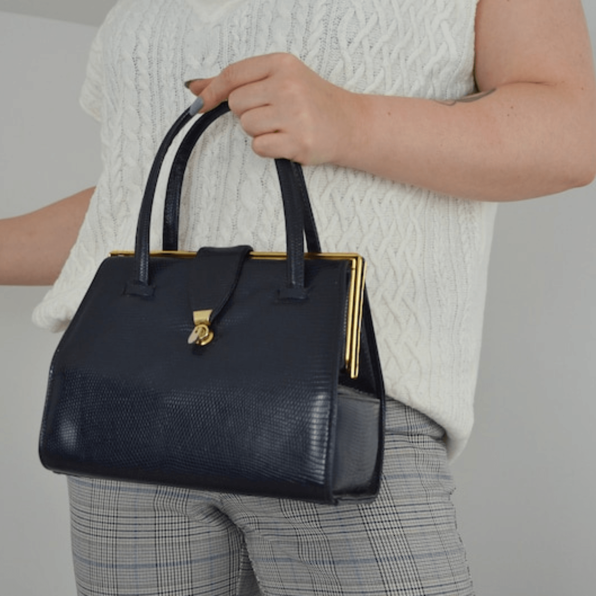 Vintage English Leather Boxy Top Handle Bag Navy - Leather Shop Factory