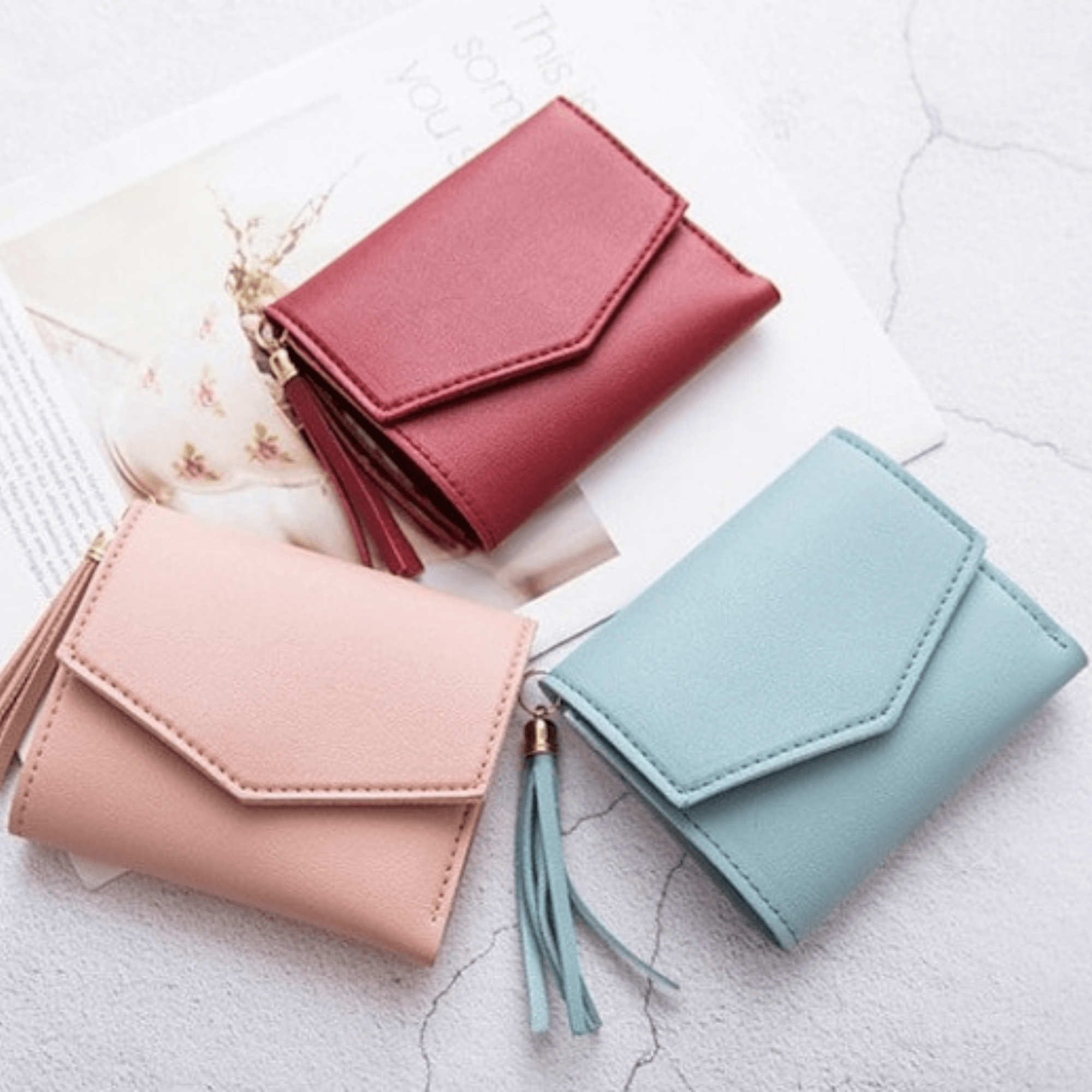 Color simple three-fold short wallet Card storage bag Coin purse Light pink wallet - Leather Shop Factory