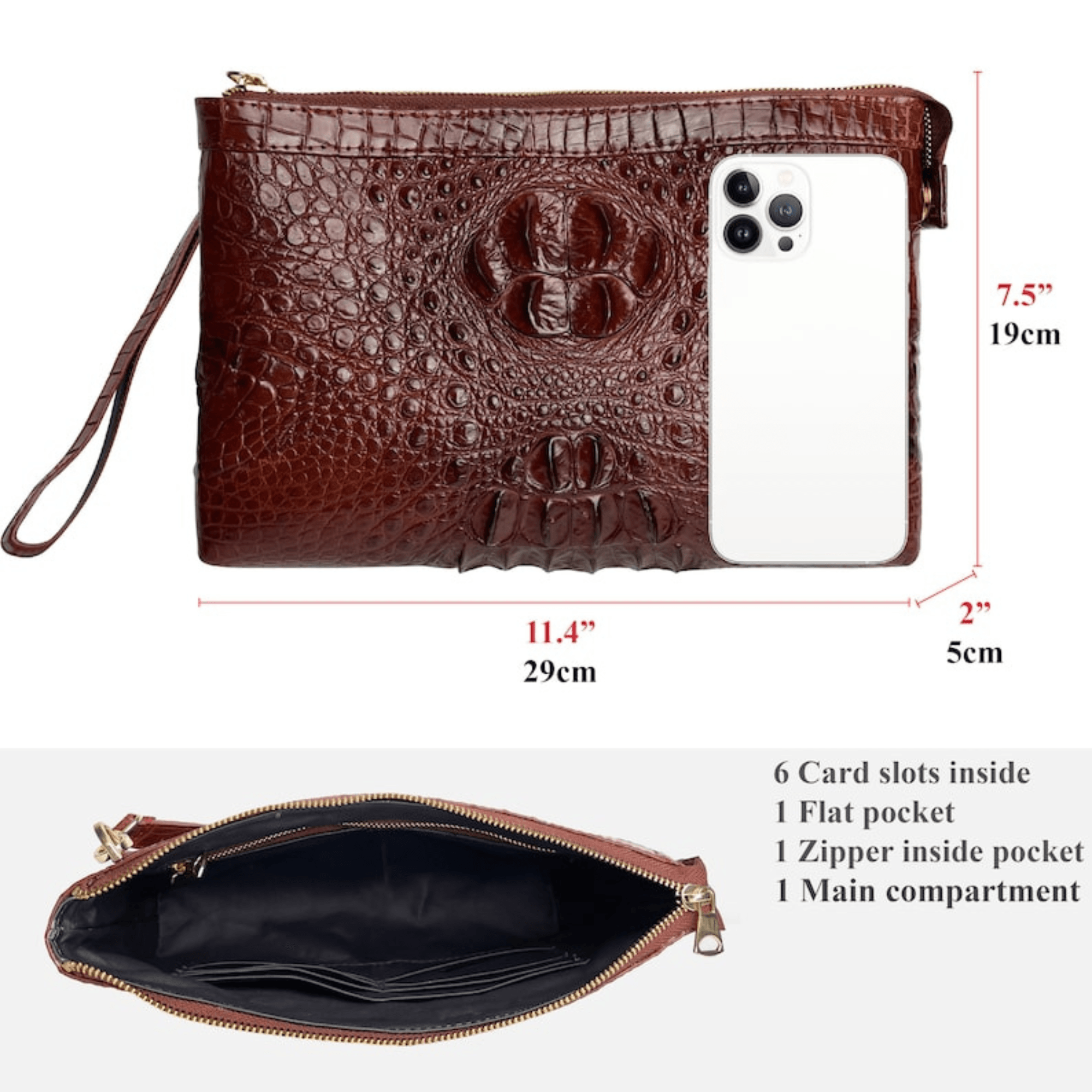 AIIigator Mens Brown Leather Clutch Large - Leather Shop Factory