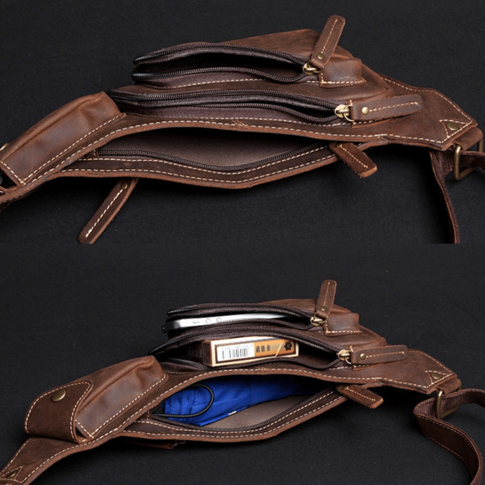 Brown mens sling backpack - Leather Shop Factory