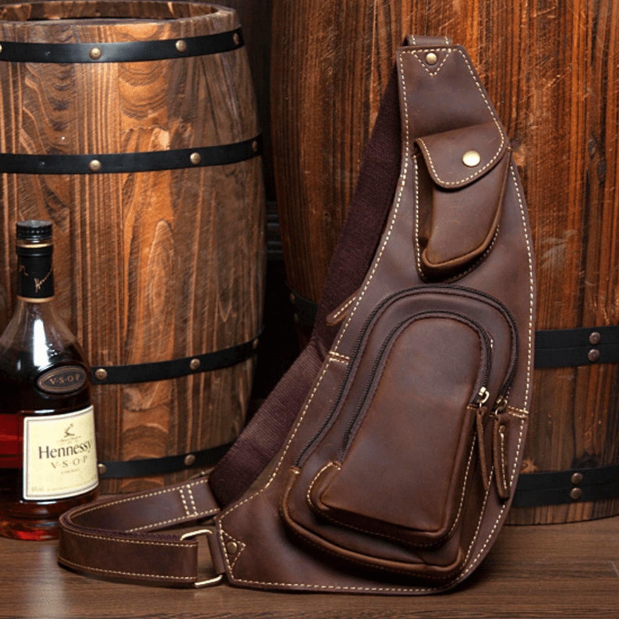 Brown mens sling backpack - Leather Shop Factory