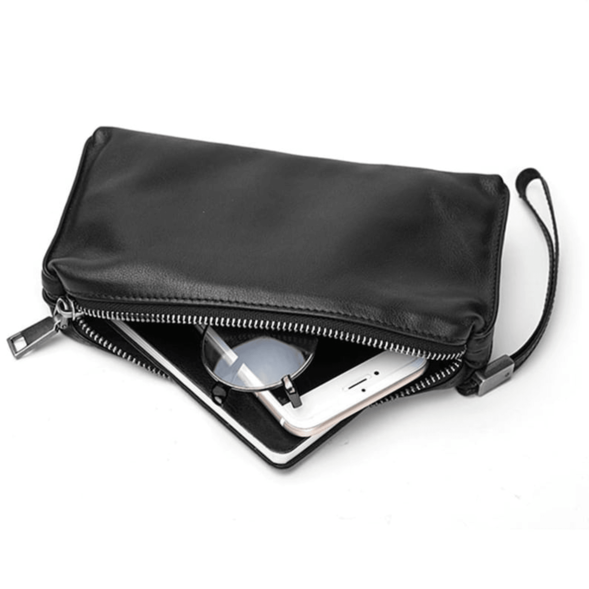 Handcrafted black leather phone wallet