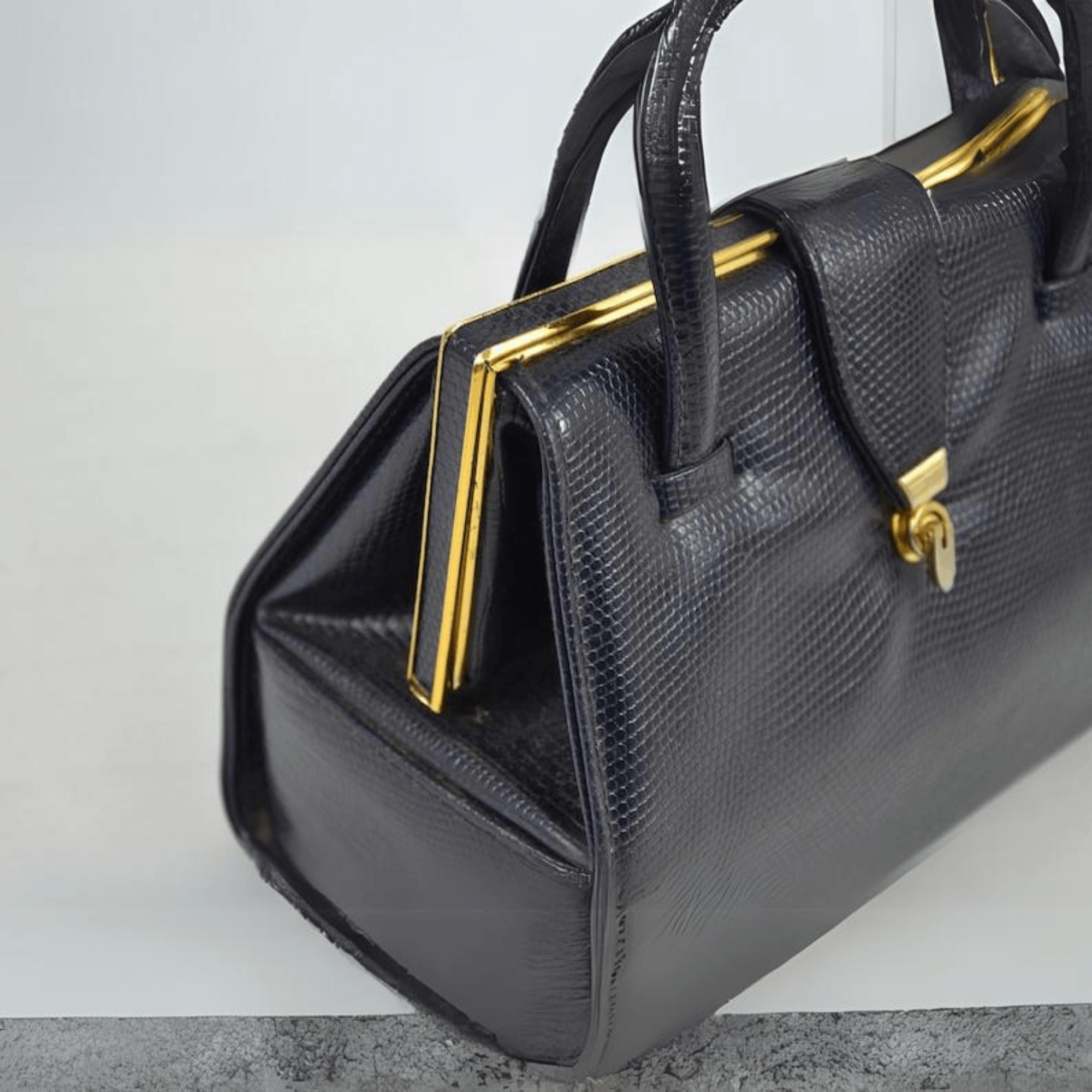 Vintage English Leather Boxy Top Handle Bag Navy - Leather Shop Factory