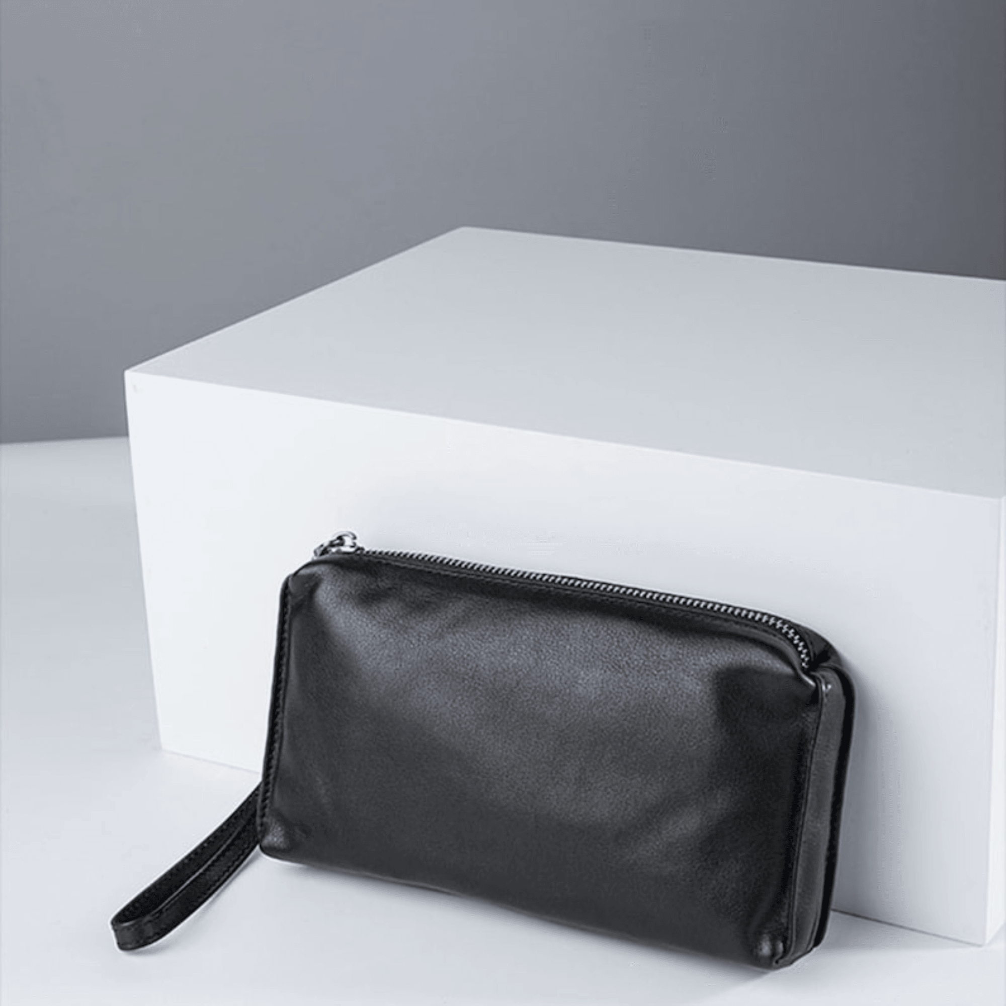 Handcrafted black leather phone wallet