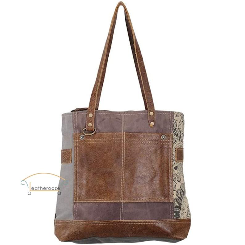 Side Floral Print Upcycled Tote Handbag - Leather Shop Factory