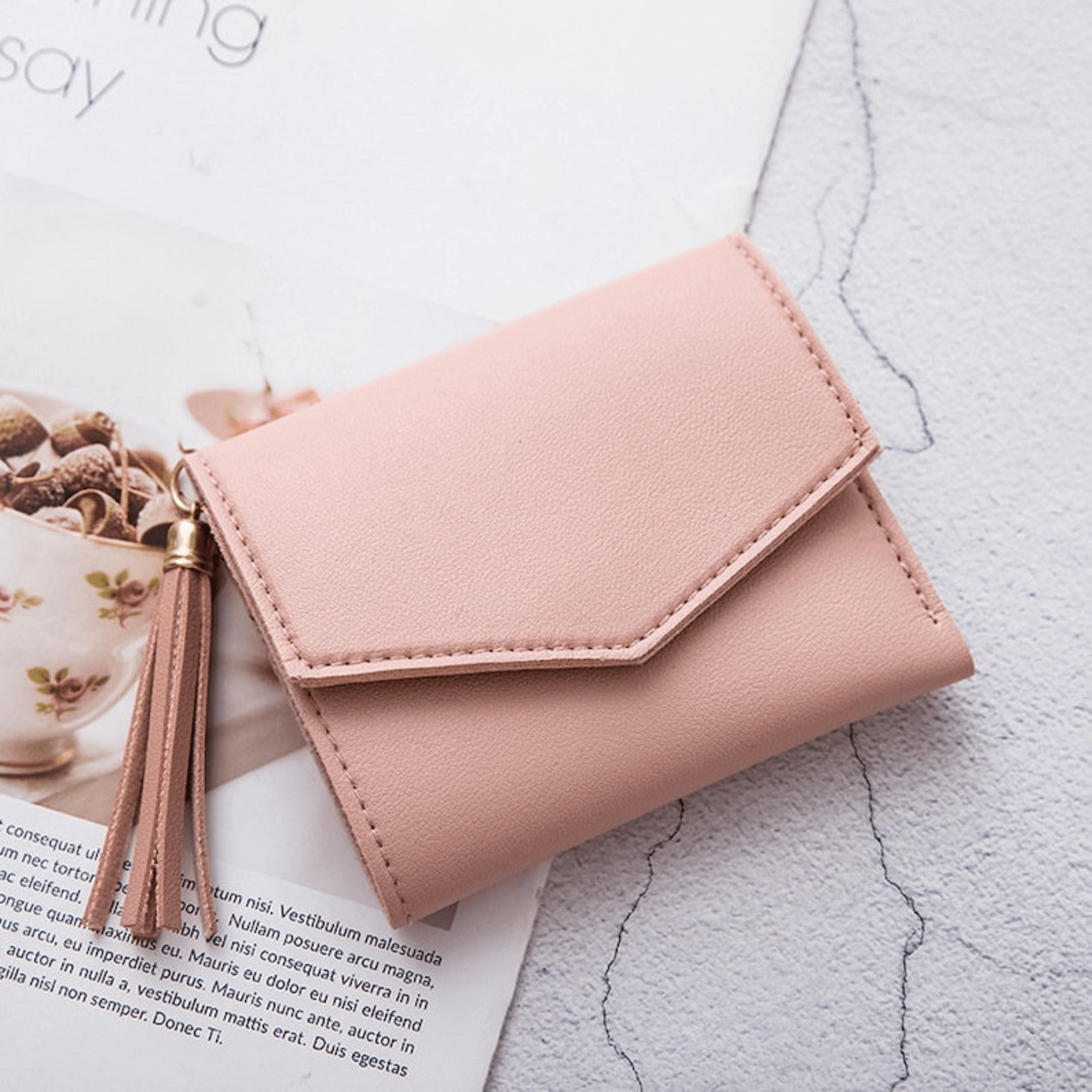 Color simple three-fold short wallet Card storage bag Coin purse Light pink wallet - Leather Shop Factory