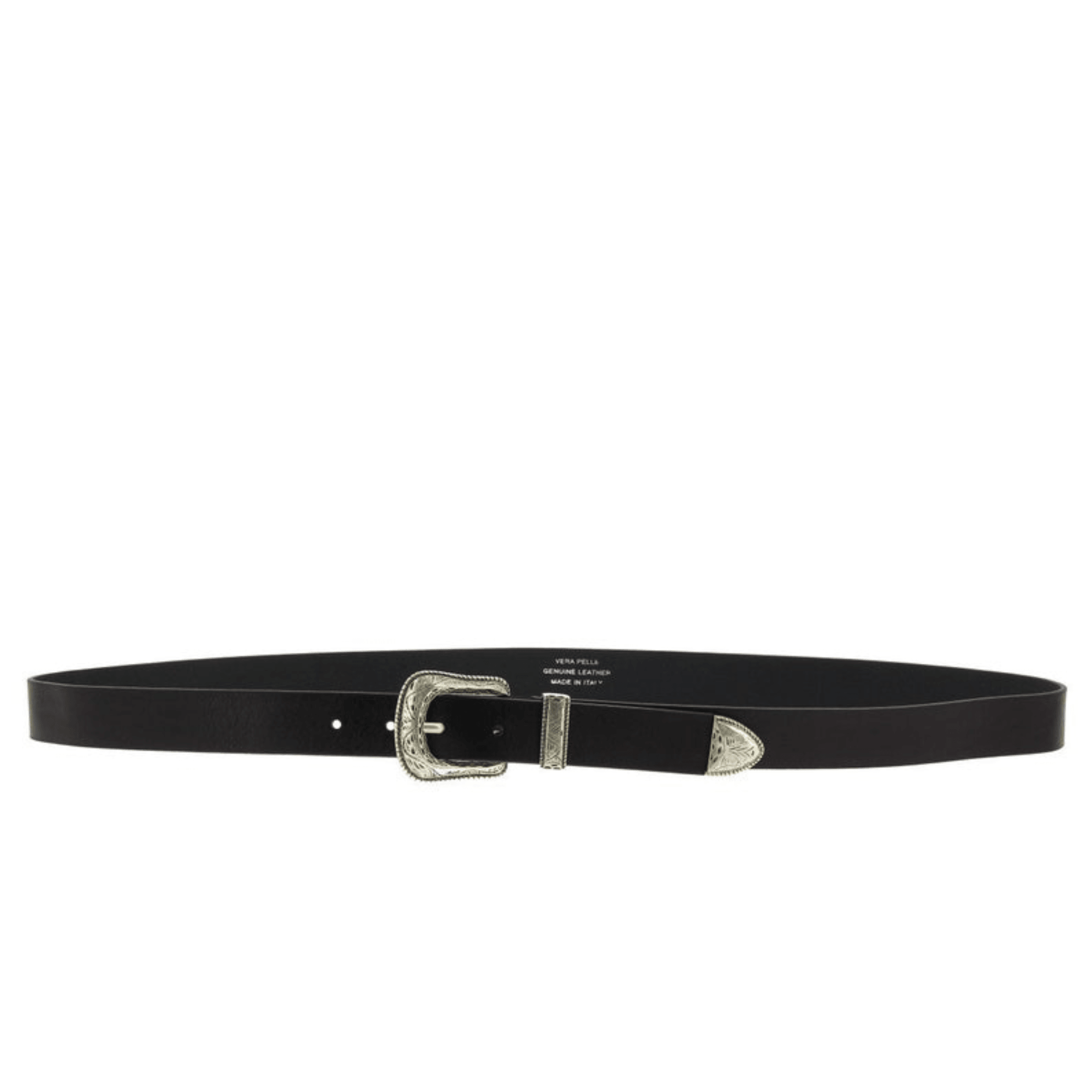 Black leather belt with engraved metal buckle - Leather Shop Factory