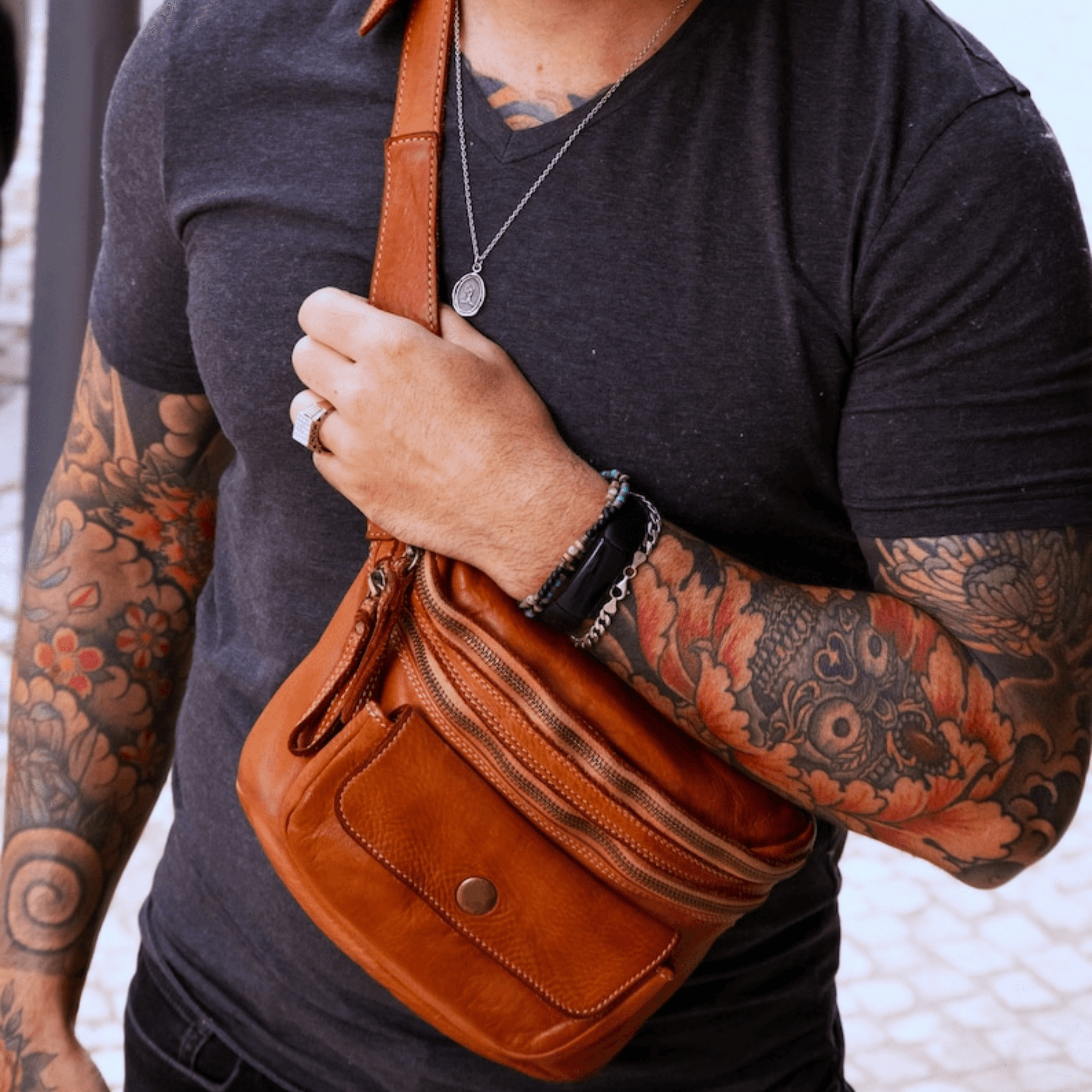 Men's Soft Distressed Leather Sling Bag - Leather Shop Factory