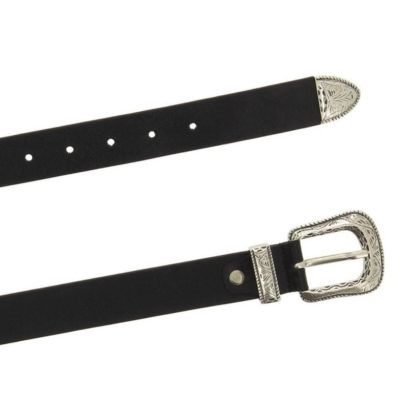 Black leather belt with engraved metal buckle - Leather Shop Factory