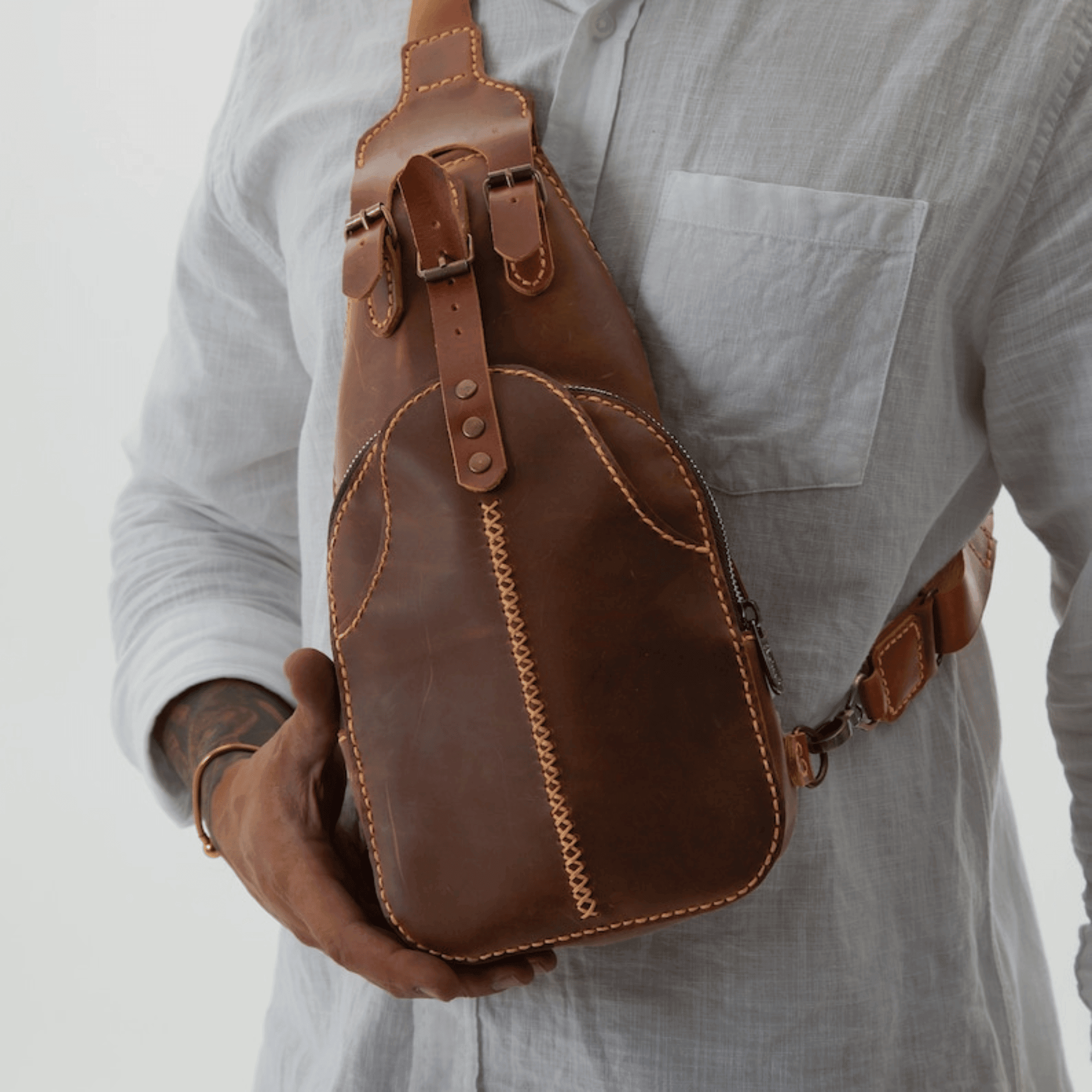 Brown Leather Sling Bag with Fanny Pack Option - Leather Shop Factory