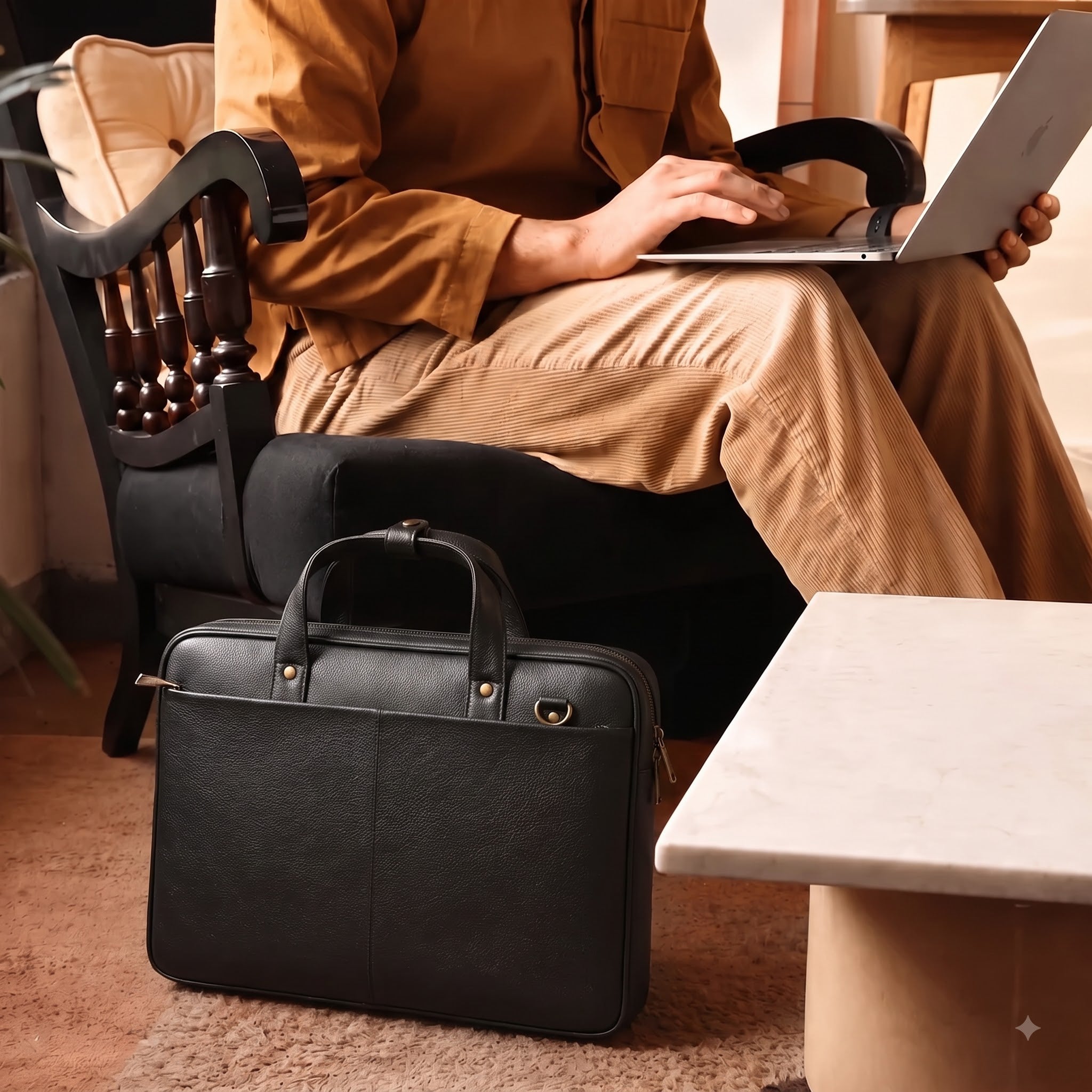 Signature Laptop Bag in black matt-finish NDM leather