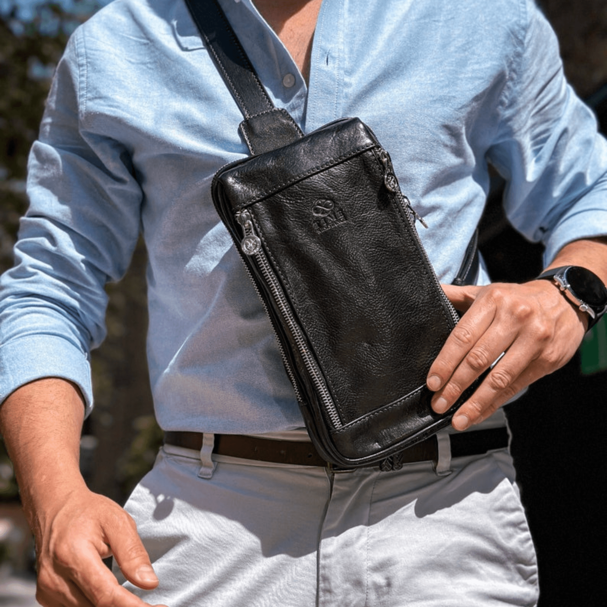 Black Leather Sling Bag for Him - Leather Shop Factory