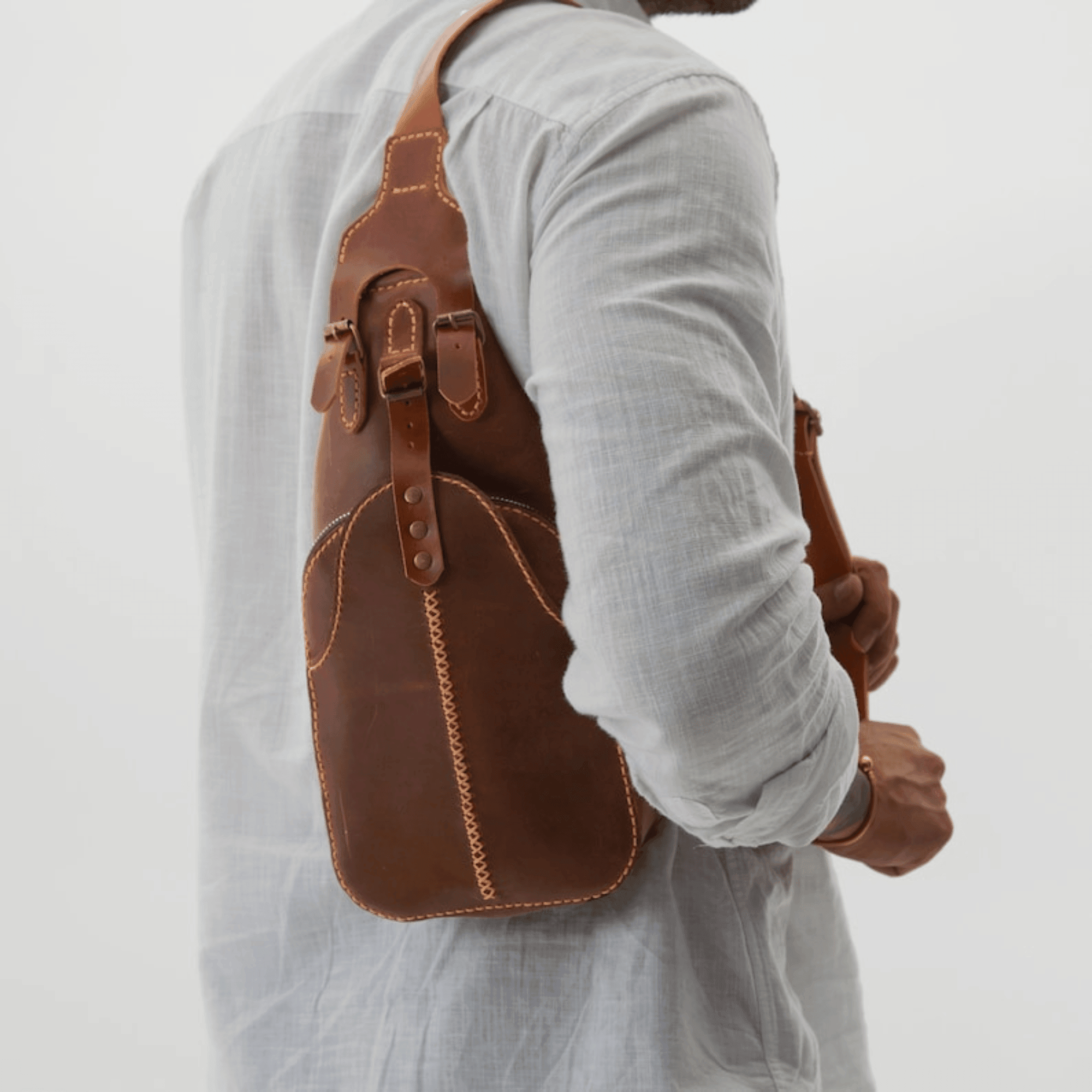 Brown Leather Sling Bag with Fanny Pack Option - Leather Shop Factory