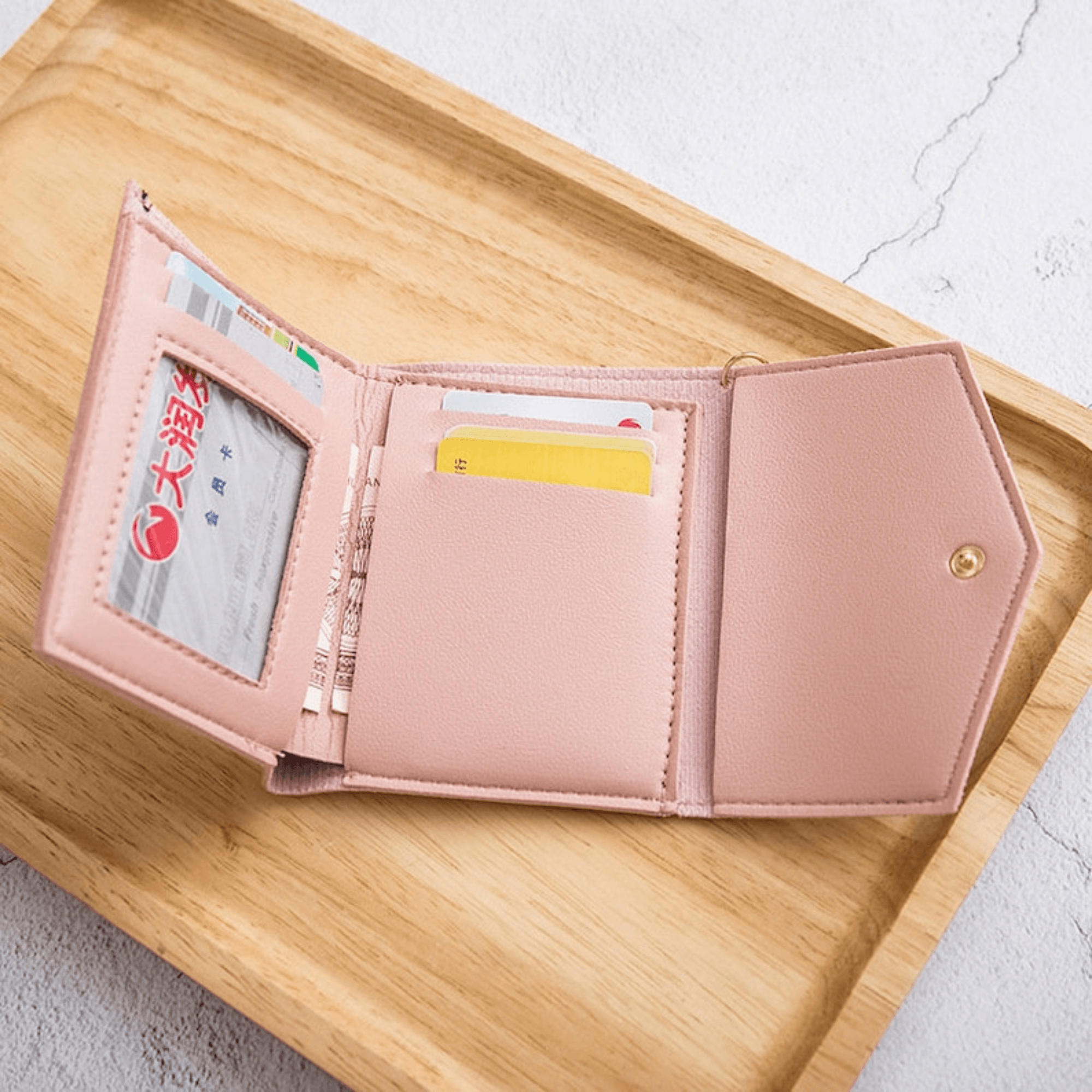 Color simple three-fold short wallet Card storage bag Coin purse Light pink wallet - Leather Shop Factory