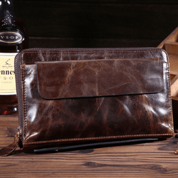 Men Clutch Bag Vintage oil wax leather men's long wallet - Leather Shop Factory