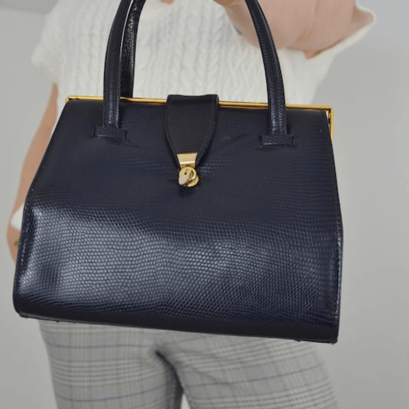 Vintage English Leather Boxy Top Handle Bag Navy - Leather Shop Factory