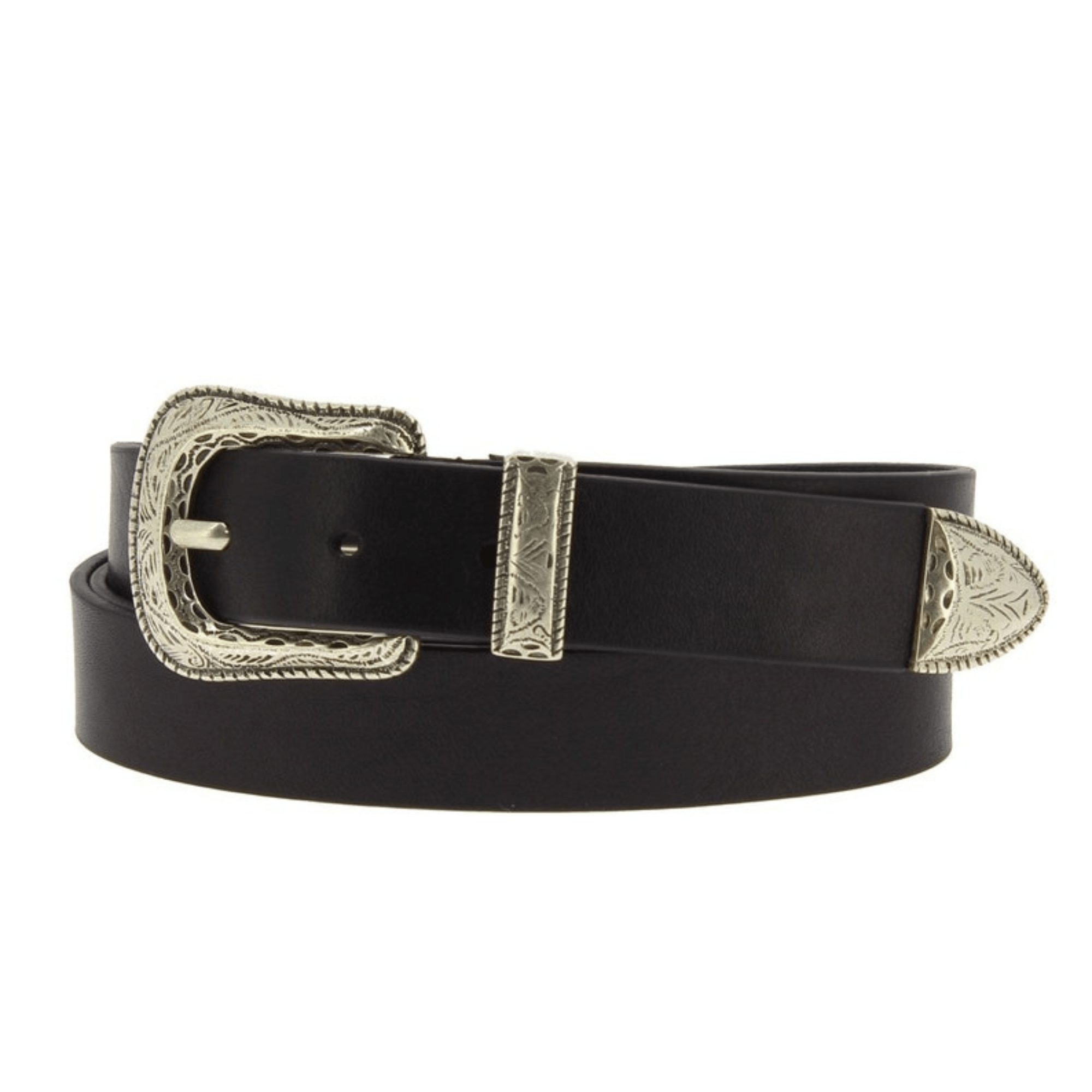 Black leather belt with engraved metal buckle - Leather Shop Factory