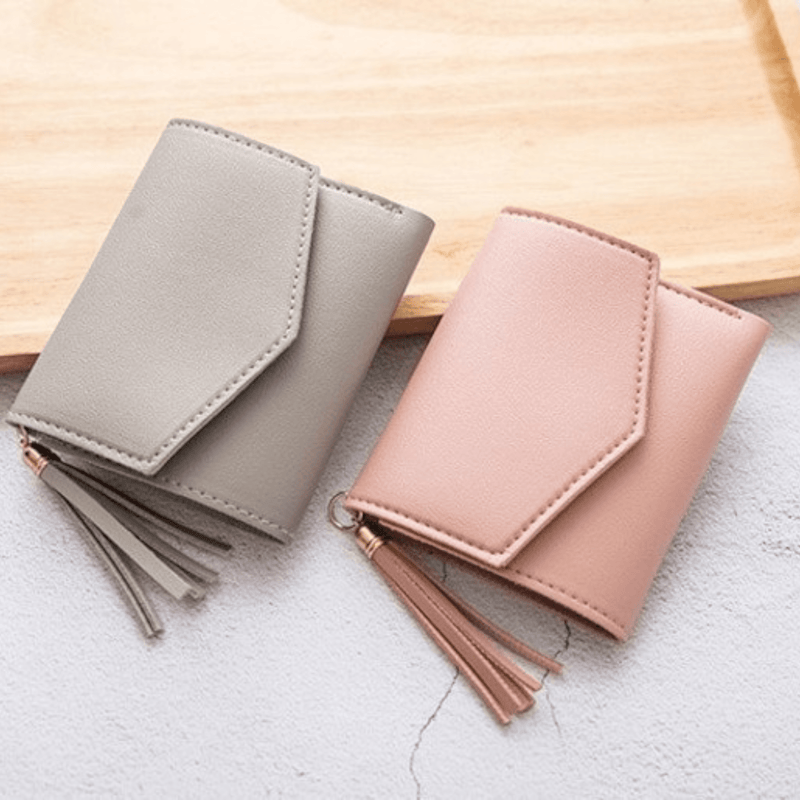 Color simple three-fold short wallet Card storage bag Coin purse Light pink wallet - Leather Shop Factory