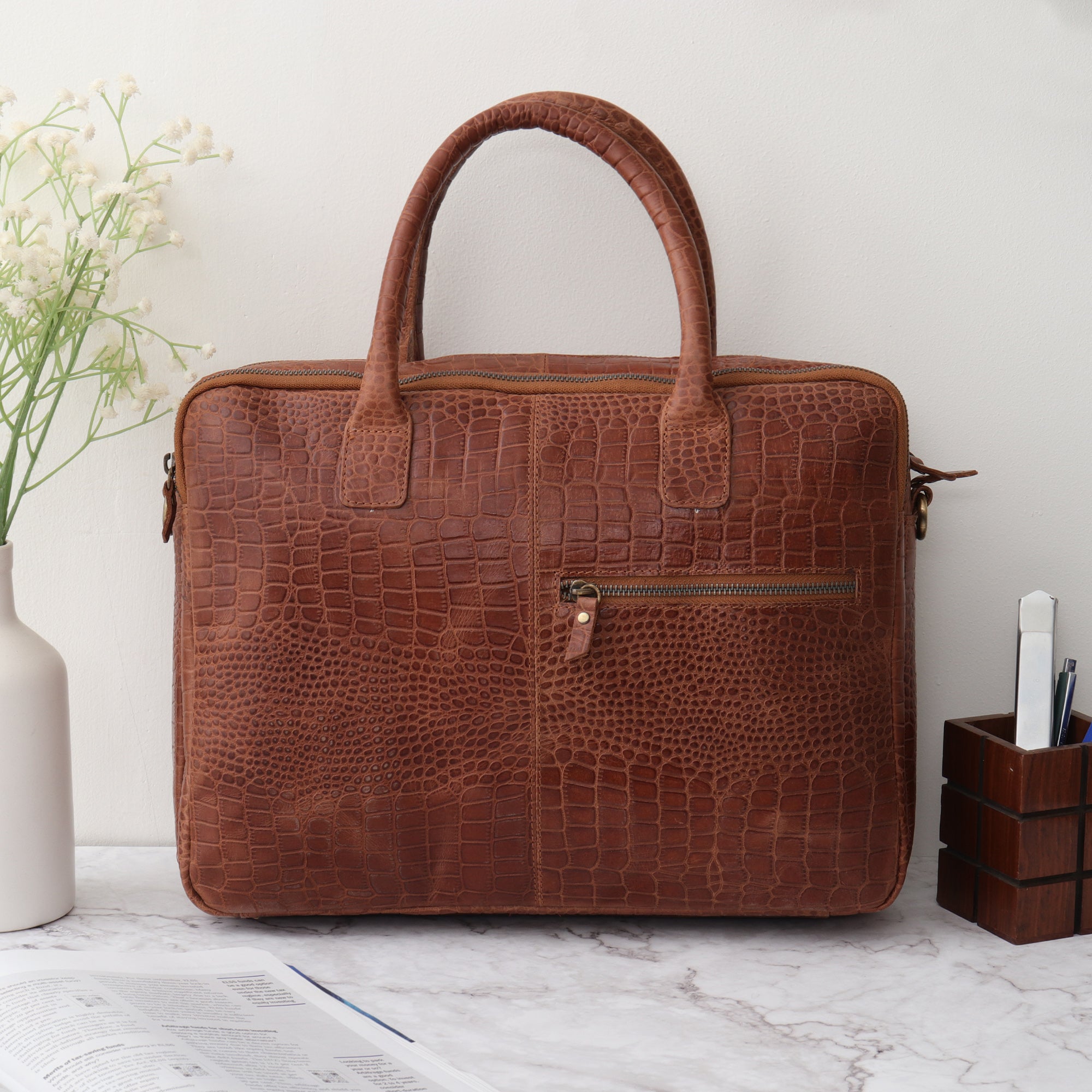 The Manhattan Croc-Embossed Leather Laptop Bag