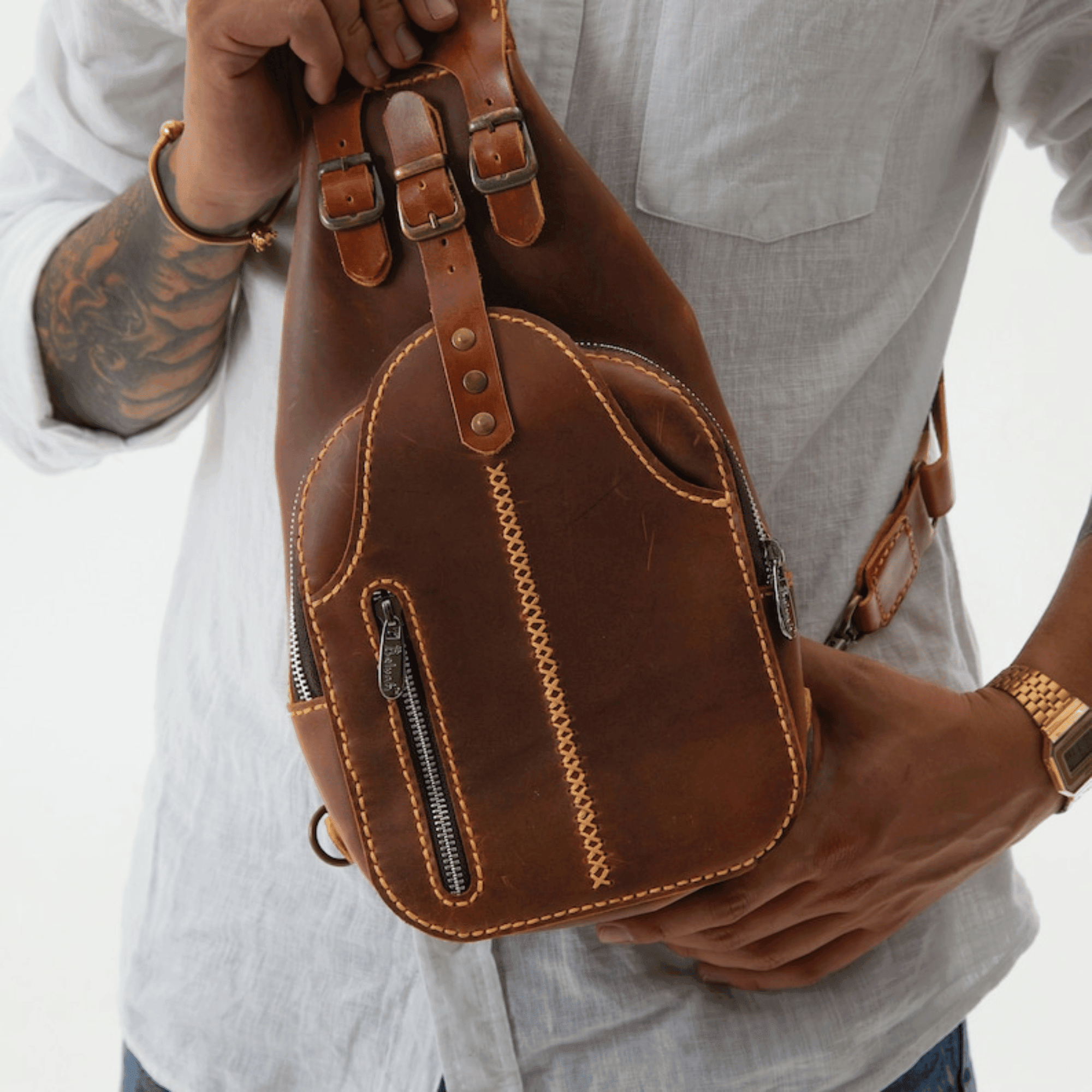 Brown Leather Sling Bag with Fanny Pack Option - Leather Shop Factory