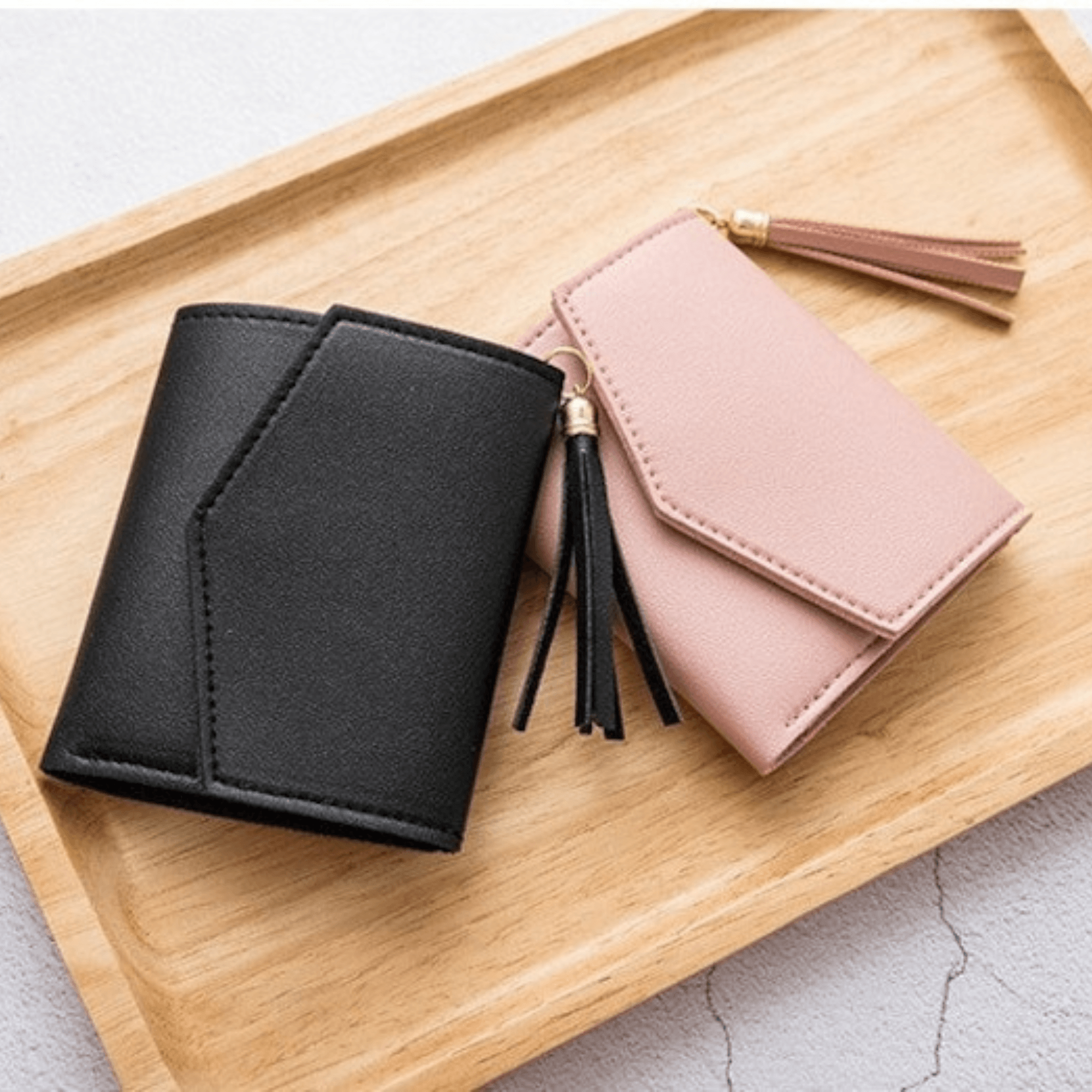 Color simple three-fold short wallet Card storage bag Coin purse Light pink wallet - Leather Shop Factory