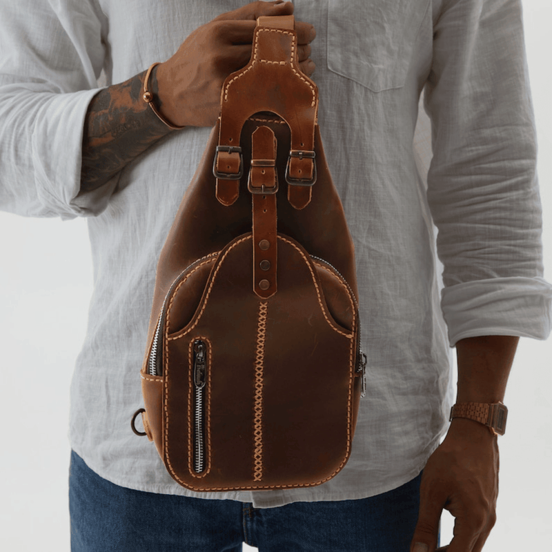 Brown Leather Sling Bag with Fanny Pack Option - Leather Shop Factory