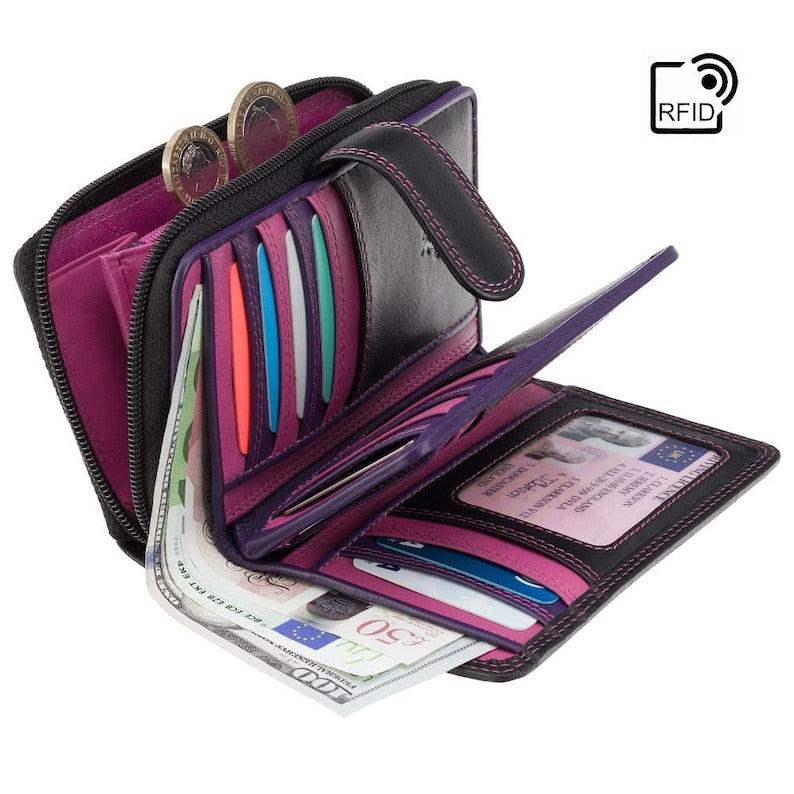 Ladies Wallet - Womens Wallets - Genuine Leather RFID Blocking - Button Close Purse - R13 Berry - Leather Shop Factory